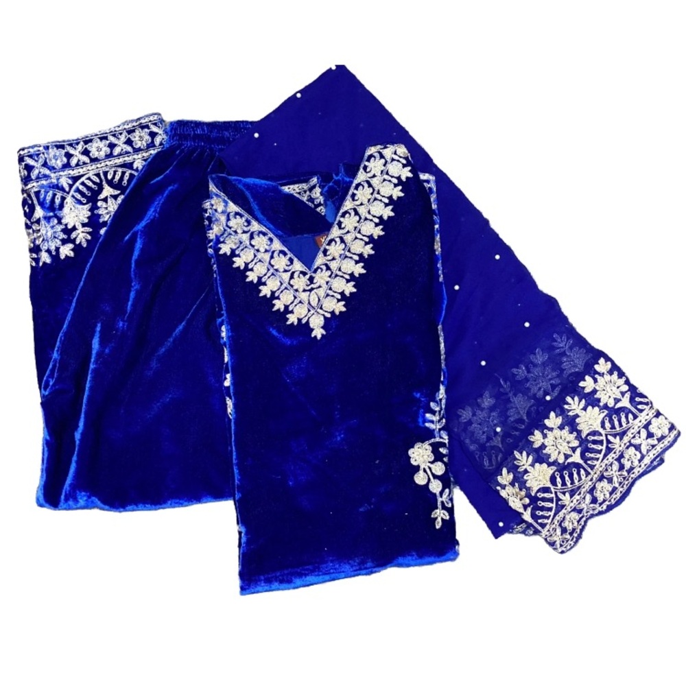 Blue Velvet Dress with Silver Detailing